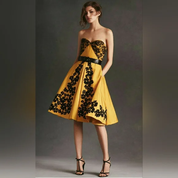 °$7000 NEW OSCAR DE LA RENTA BEAUTIFUL RUNWAY BLK YELLOW SILK BEAD DRESS US 10